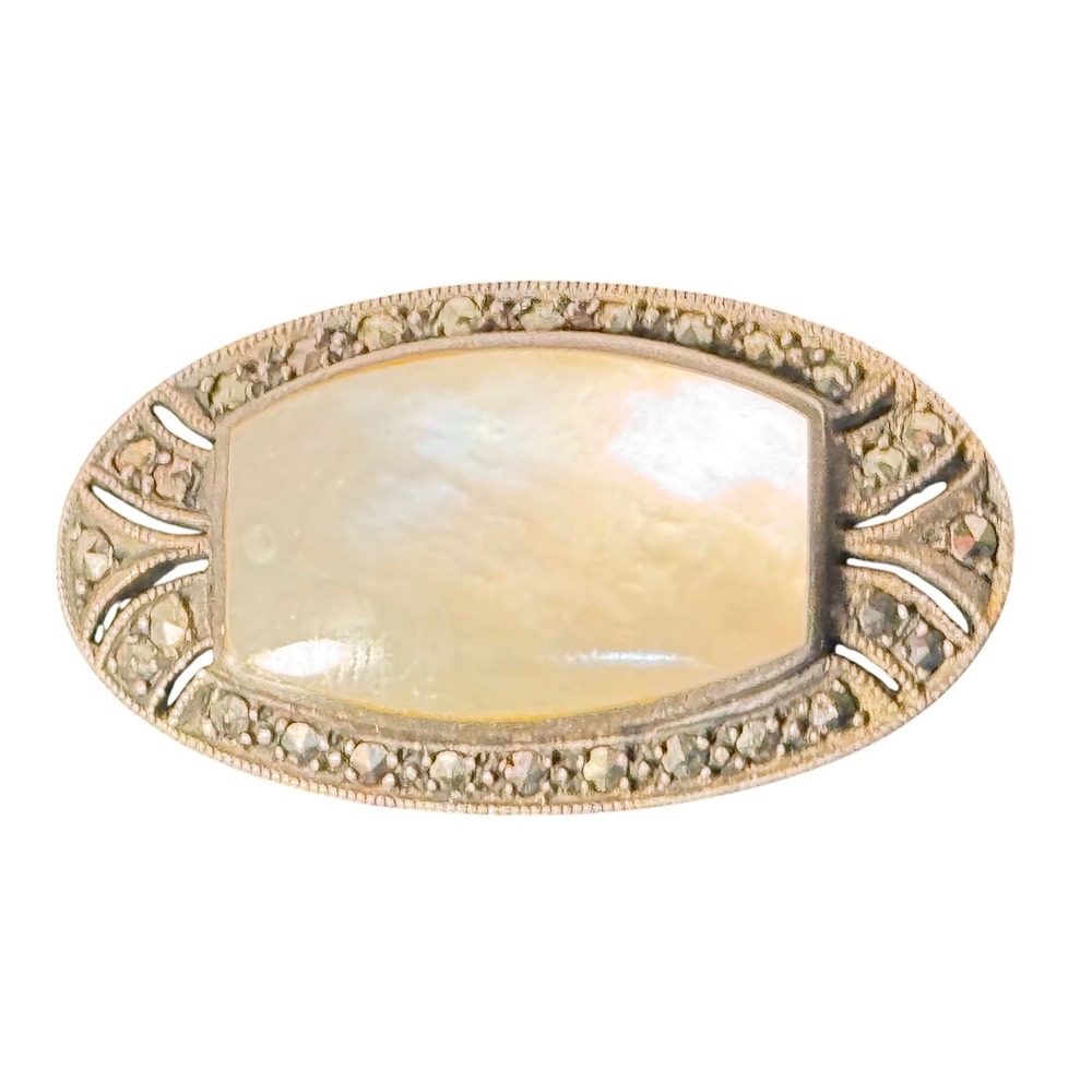 Sterling Marcasite Mother of‎ Pearl Brooch | Edwardian Art Nouveau Pin c.1910